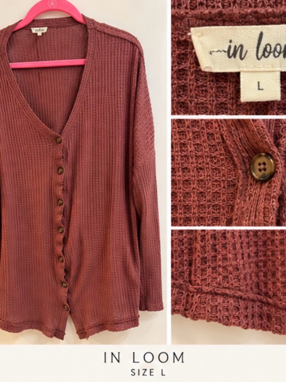 In Bloom Women's Waffle-Knit Button Cardigan — Rusty Rose
